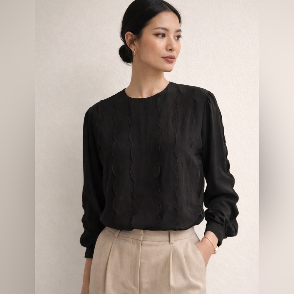 VTG 100% Silk Maas Brothers Black Blouse Scalloped Texture Shoulder Pads 12